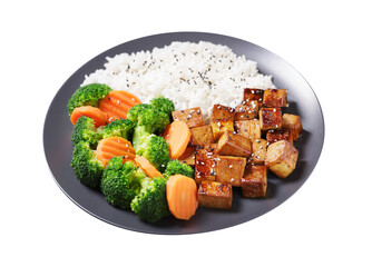 plate of fried tofu, rice and vegetables with sesame seeds isolated on transparent background - 760814816