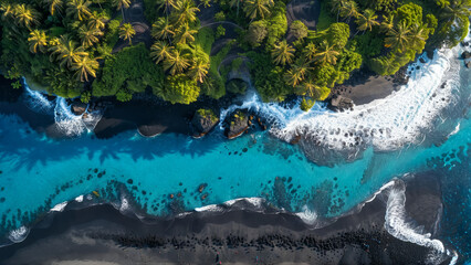 A drone shot of the most beautiful volcano island beach paradise, black sand, palm trees, blue...