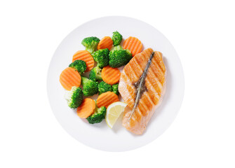 plate of grilled salmon fillet and vegetables isolated on transparent background, top view - 760814894