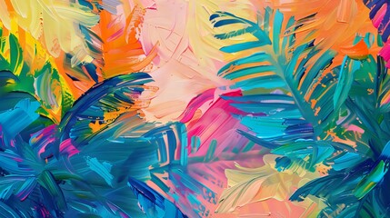 Tropical abstract oil painting background with lush jungle patterns and bright exotic colors. - obrazy, fototapety, plakaty