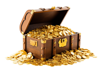 Treasure Chest Overflowing With Gold Coins Isolated on Transparent Background
