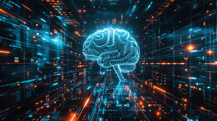 Glowing brain hologram in futuristic data center symbolizing AI. AI brain interface in virtual environment, showcasing machine learning