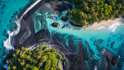 A drone shot of the most beautiful volcano island beach paradise, black sand, palm trees, blue water, summer paradise, summer vacation, travel inspiration, tropical island, holiday resort - obrazy, fototapety, plakaty