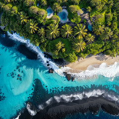 A drone shot of the most beautiful volcano island beach paradise, black sand, palm trees, blue water, summer paradise, summer vacation, travel inspiration, tropical island, holiday resort