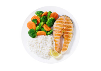 plate of grilled salmon, rice and vegetables isolated on transparent background, top view - 760815040