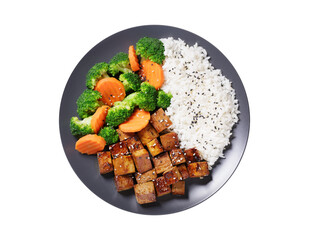 plate of fried tofu, rice and vegetables with sesame seeds isolated on transparent background, top view