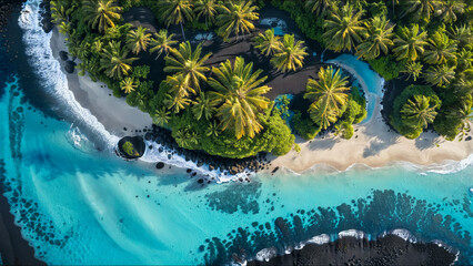 A drone shot of the most beautiful volcano island beach paradise, black sand, palm trees, blue...