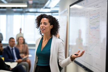 A woman is standing in front of a large whiteboard giving a presentation to a diverse group of people in a meeting room.