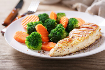 close up of plate of grilled chicken and vegetables - 760815487
