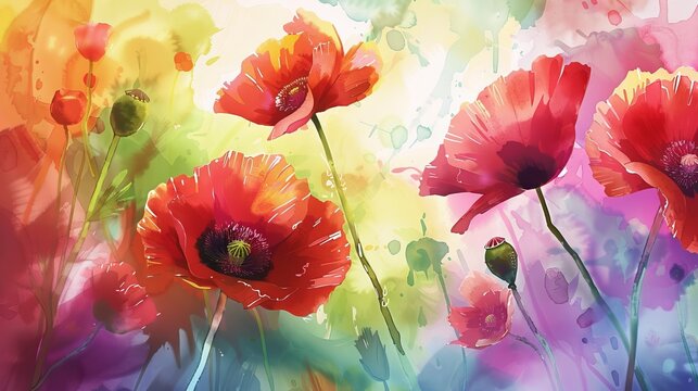 Vibrant poppies in full bloom with a dynamic watercolor background, capturing the essence of summer warmth and natural splendor.