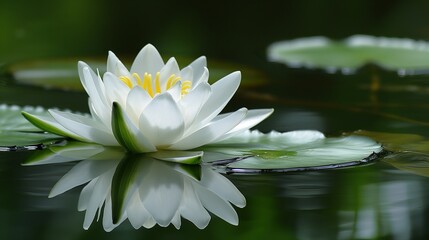 A graceful lily blossoming in the midst of a tranquil pond, its pristine white petals reflecting in the water.