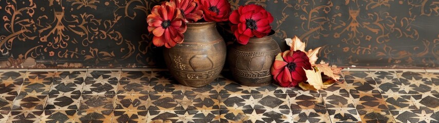 Vintage background, red flowers in pots on the floor. Best super ultra wide for wallpaper.