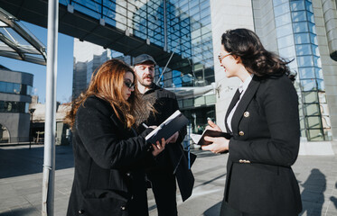 Three young business colleagues are engaged in a discussion outside modern city buildings, collaborating and sharing ideas.