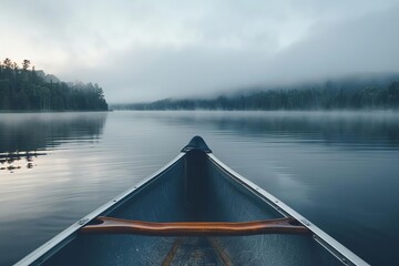 Early morning fog over a calm lake with a canoe in the foreground Ideal for outdoor adventure brands Tranquil retreat promotions Or nature photography workshops. - obrazy, fototapety, plakaty