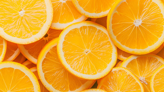 tasty and juicy orange slices, closeup shot from top, fresh fruit background