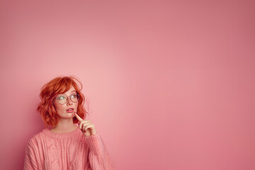 jeune femme rousse à taches de rousseurs, lunettes, qui doute et pose son index devant sa bouche pour montrer son hésitation, elle porte un pull en laine rose à torsades, sur fond rose avec copyspace - obrazy, fototapety, plakaty