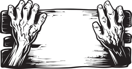 Cursed Communicator Emblematic Logo with Grasping Zombie Hand and Signboard Skeletal Signage Iconic Design of Zombie Hand Holding Signboard