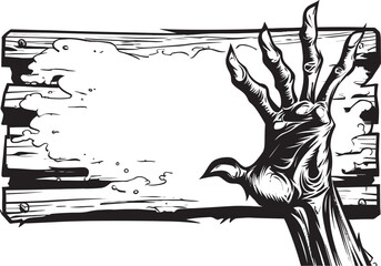 Eerie Endorsement Emblematic Design with Grasping Zombie Hand and Signboard Cadaverous Commands Iconic Emblem of Zombie Hand Holding Signboard