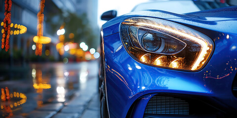 front headlight of blue car parked on street close up