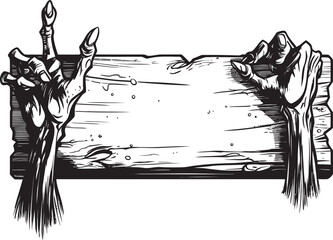 Wretched Warnings Emblematic Design Featuring Zombie Hand and Signboard Putrid Proclamation Iconic Logo Design of Zombie Hand and Signboard
