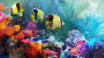 A group of colorful tropical fish swimming gracefully amidst a coral reef, their vibrant hues painting the ocean floor.