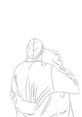 jeune couple enlacer, dessin a la ligne noir 