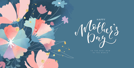 Happy Mother's Day,to the best mom in the world. Beautiful floral banner with watercolor texture. Poster, invitation, postcard. Vector illustration