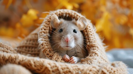Curious Mouse Peeking Out From Under Blanket - obrazy, fototapety, plakaty
