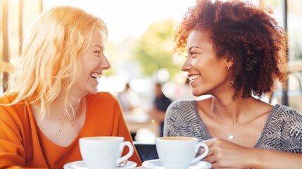 Two friends enjoying coffee together in a sunny cafe