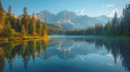 Fototapeta premium Lake Surrounded by Trees and Mountains