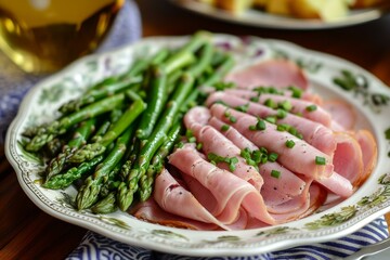 Delicious Asparagus ham plate. Ham parma food. Generate Ai