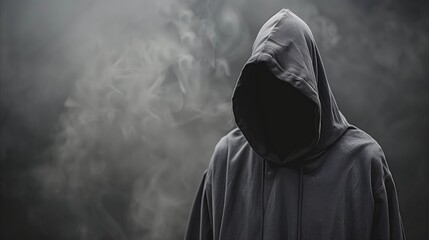 Mysterious person in a hood surrounded by smoke