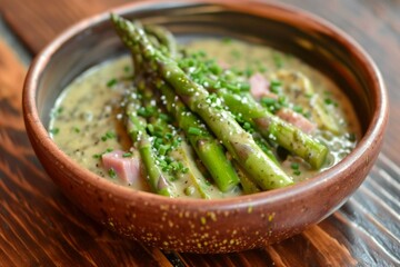 Delicious Asparagus ham plate sauce. Healthy food. Generate Ai