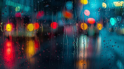 Raindrops on window with blurred city lights background