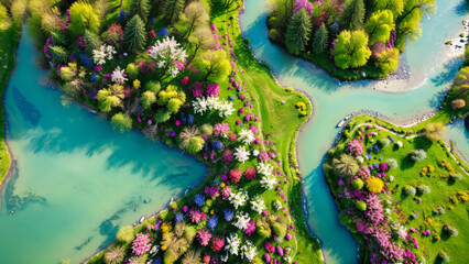 A drone shot of the most beautiful spring meadow with colourful flowers, trees, river, beautiful...