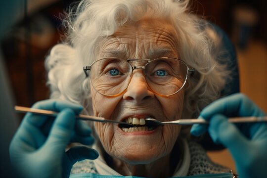 Dentist perform medical examination of the open mouth of an elderly woman. Curing of an old lady teeth. Mock up portrait for clinics.
