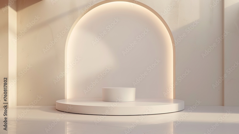 Poster minimalistic white display with a cylindrical pedestal against a backdrop with an arch.