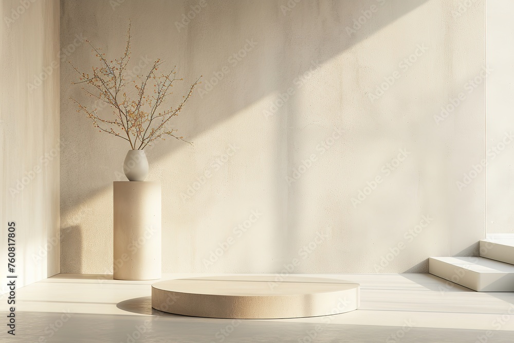 Aufkleber minimalistic podium with vase and twigs casting a soft shadow on a textured wall.