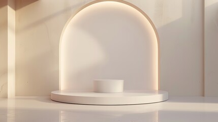 Minimalistic white display with a cylindrical pedestal against a backdrop with an arch.