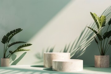 Marble pedestals with tropical plant shadows on a pastel backdrop, ideal for product display.