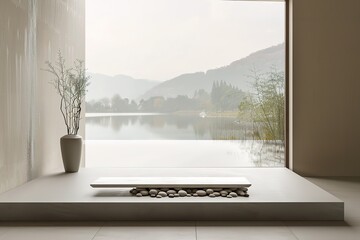 Minimalistic interior with a view of a tranquil lake and hills.