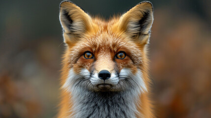 Red Fox - Vulpes vulpes, sitting up at attention, direct eye contact, a little snow in its face, tree bokeh in background - obrazy, fototapety, plakaty