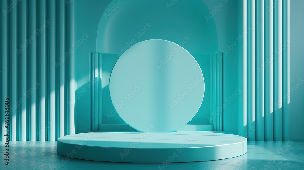 Poster modern blue circular display podium in an abstract room with vertical lines and shadows.