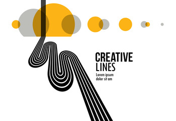 3D black and white lines in perspective with yellow elements abstract vector background, linear perspective illustration op art, road to horizon.