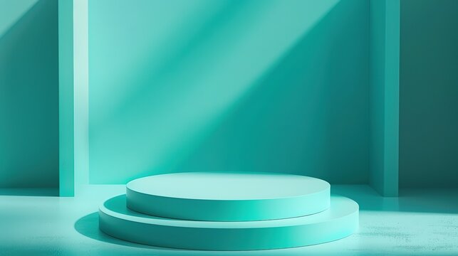 Abstract teal podium with geometric background for product display.