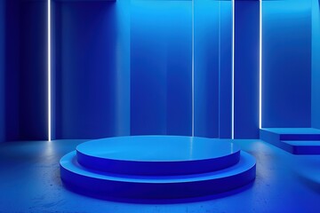 Fototapeta premium Blue circular pedestal in a futuristic room with neon lights for product display.