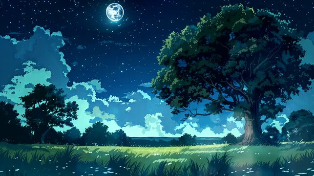 Serene meadow with ancient oak trees at night. Fantasy landscape anime or cartoon style, looping 4k video animation background