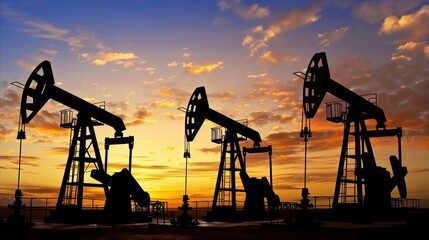 Silhouetted oil pumps at sunset in industrial setting