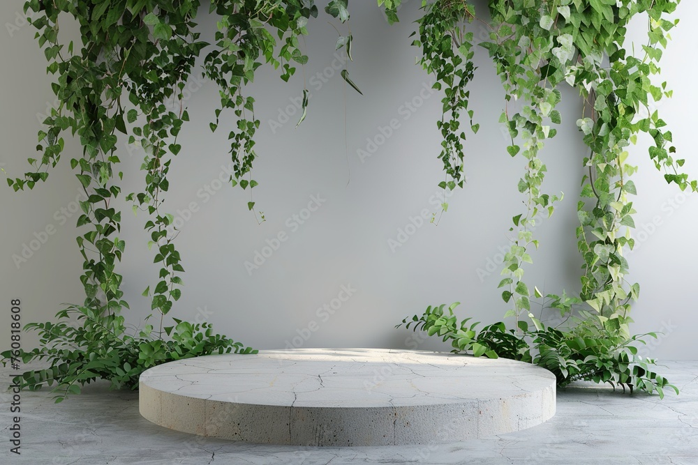 Poster a circular podium surrounded by lush greenery, creating a serene display setting.