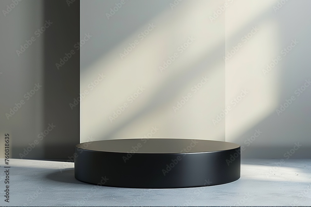 Poster minimalistic black podium with shadows and light for product display.